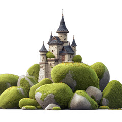 An animated castle sits atop moss-covered rocks, surrounded by nature