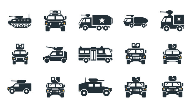 A collection of black silhouette icons for various armored military vehicles, including tanks, armored personnel carriers, and humvees.