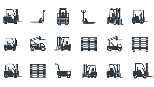 A set of black icons for warehouse logistics equipment, including various types of forklifts, pallet jacks, and wooden pallets.