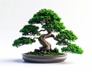 Green bonsai with a twisted trunk in a dark pot, white background