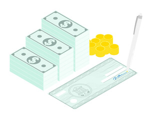 Isometric signing a trade agreement for the issuance of loan under transaction on bank promissory note form. Isolated cartoon vector on white background top view