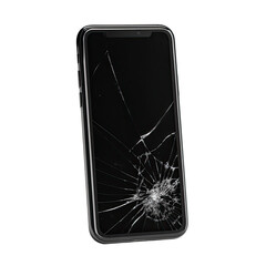 Dark smartphone with severely cracked black screen, shattered glass