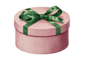 Elegant round box with soft pink velvet and a lush green ribbon bow