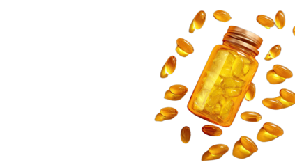 Small amber bottle surrounded by golden oval capsules on a black background