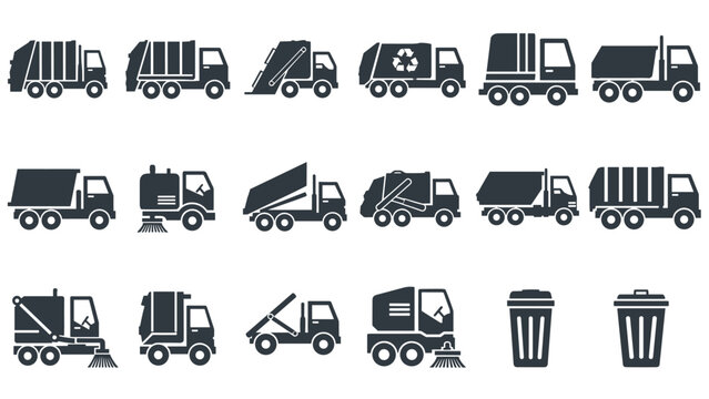 A set of black icons for various garbage and recycling trucks, street sweepers, and trash cans for waste management services.