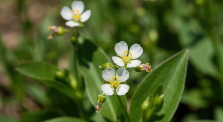 Fototapeta premium Close-up of small, white flowers with yellow centers, nestled amongst lush green leaves