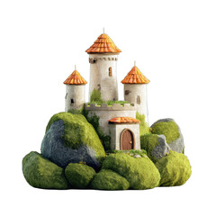 Enchanted stone fortress with mossy turrets perched on rugged, verdant rocks