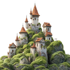 Ancient stone fortress with mossy towers perched atop a rugged, verdant hill