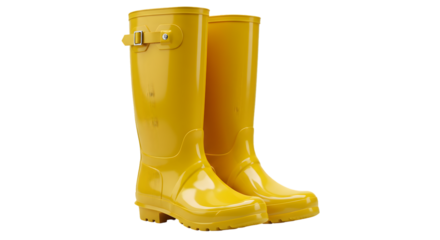 A pair of bright yellow rain boots with buckle straps and low heels isolated on transparent background