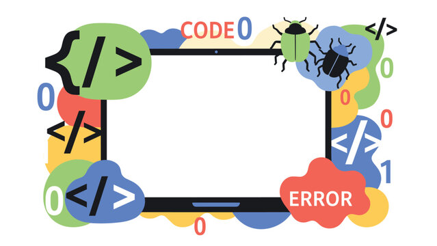 A colorful frame for coding and programming themes, with a blank tablet screen for copy space. This design is surrounded by code symbols, bugs, and binary digits for a tech concept.