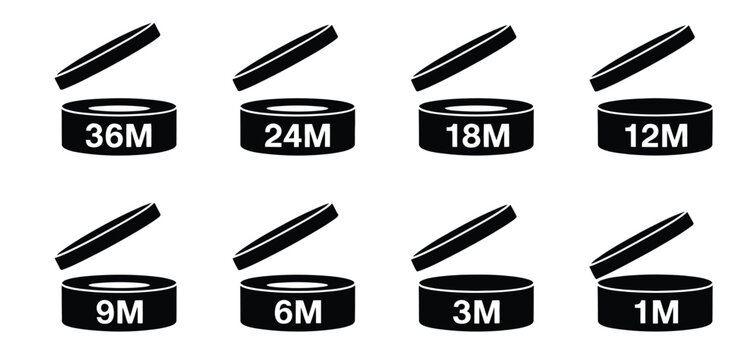PAO cosmetic vector icons featuring expiry symbols from 1 month to 36 months, perfect for skincare, beauty packaging, product labeling, regulatory design