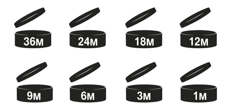 PAO cosmetic expiry symbols vector set from 1M to 36M, ideal for skincare, beauty product packaging, labeling, regulatory compliance