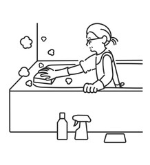 風呂掃除をする40代女性のイラスト　線画のみ