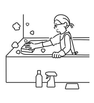 風呂掃除をする40代女性のイラスト　線画のみ