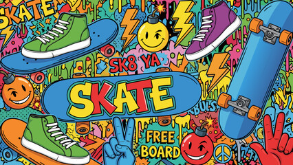 Obraz premium Cool Retro Skateboarding Illustration with Vibrant Colors and Fun Graphics