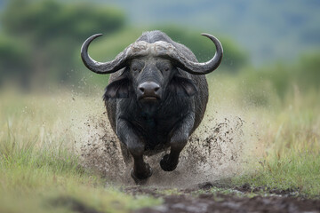Naklejka premium Buffalo runs through muddy ground in grassland during the day