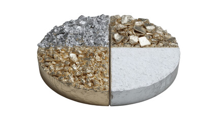 Four sections of granular material, two gold, one silver, one white