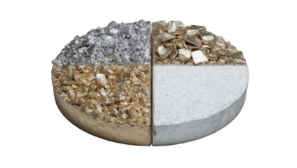 Four sections of granular material, two gold, one silver, one white