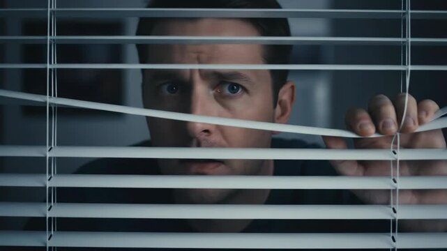 Man peeks through window blinds with worried expression, observing for conspiracy and paranoia of being watched outside.