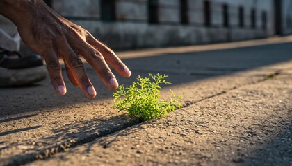 A hand reaching toward a small green plant growing through a crack in the concrete, symbolizing resilience and nature's persistence in urban environments.