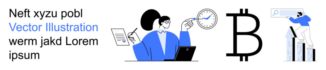 Business analytics, cryptocurrency, market trends, finance management, teamwork, blockchain concepts. Professionals using laptops and charts, Bitcoin symbol and statistics. Business analytics