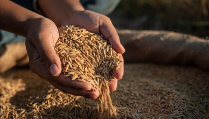 A close-up of hands pouring rice grains from one hand to another, showcasing the texture and color of the rice against a natural background.