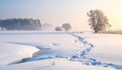 2月の柔らかな雪景色：春の兆しと雪原に続く足跡