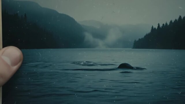Male hand holding old photograph of monster in lake, conspiracy theory about mythical creature in water