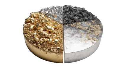 A cross-section reveals rich gold nuggets and metallic mineral fragments