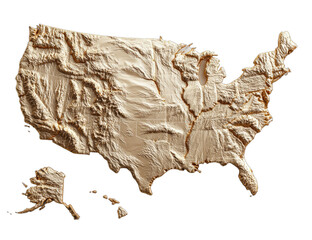 Textured topographical map of the United States, showing mountain ranges and elevations