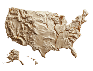 Textured topographical map of the United States, showing mountain ranges and elevations