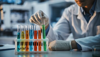 A scientist in a lab coat carefully holds a test tube above a rack of colorful liquid-filled test tubes, showcasing a vibrant array of chemicals.