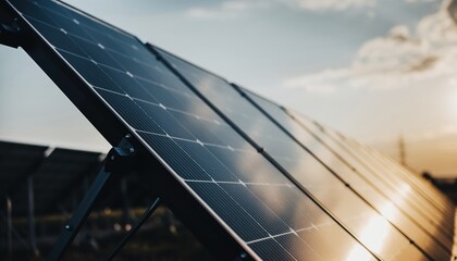 Obraz premium A close-up of solar panels reflects sunlight, showcasing renewable energy technology against a backdrop of a clear sky.