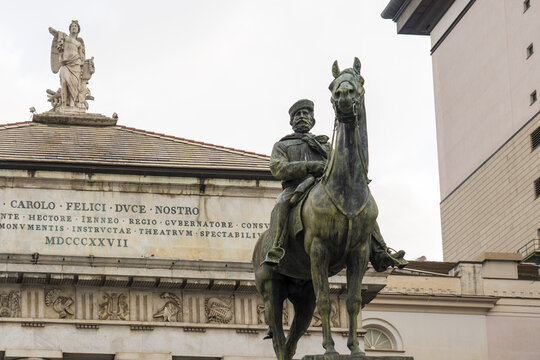 View of the bronze equestrian statue of Giuseppe Garibaldi stands majestically before the Carlo Felice Theater, a symphony of stone and artistry, Genoa, Liguria, Italy.