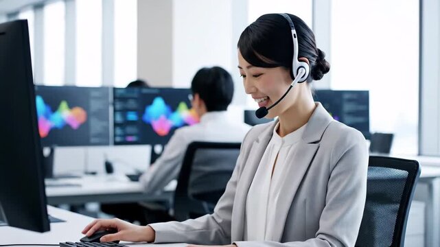 コールセンターで電話対応をする笑顔の女性（仕事,オペレーター,カスタマーサポート）
