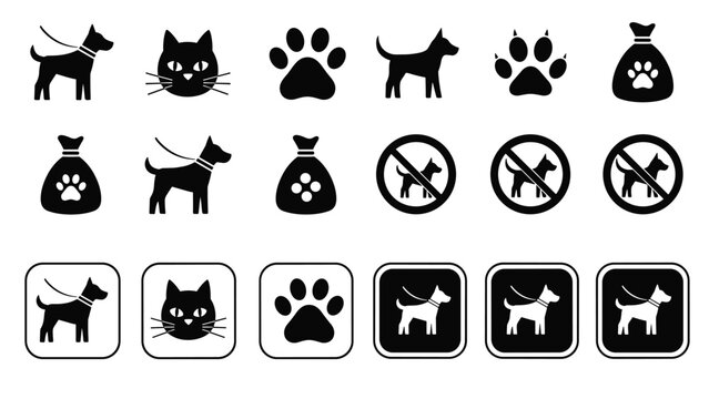A collection of pet-friendly and pet restriction icons, including symbols for dogs, cats, paw prints, and no pets allowed signs.
