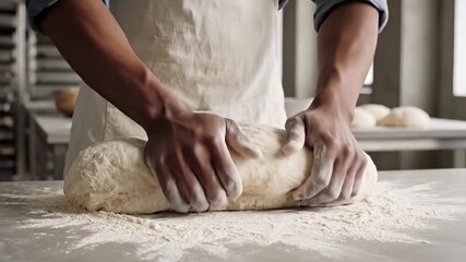 Close up of baker's hands kneading fresh dough on a flour-dusted countertop in a bakery for artisanal baking concept and food preparation