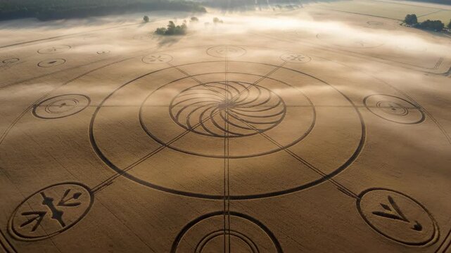 Aerial view of circular alien crop formation with spirals and geometric patterns in wide field at foggy dawn.