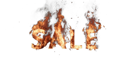 Fiery letters spell out "SALE" engulfed in flames against a black background