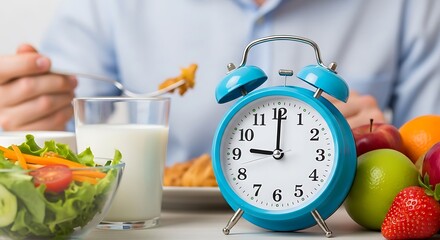 Man eating healthy meal with an alarm clock set for mealtime, emphasizing timed eating and healthy lifestyle.