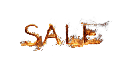 Fiery letters spell out "SALE" with intense flames against a black background