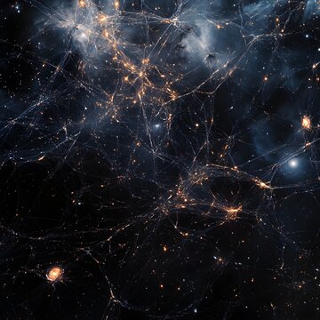 Artistic interpretation of dark matter with glowing cosmic filaments and mysterious structures floating through deep space.