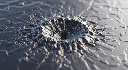 Detailed macro shot of crater formation on orbital debris protective panel after being hit by hypervelocity projectile.