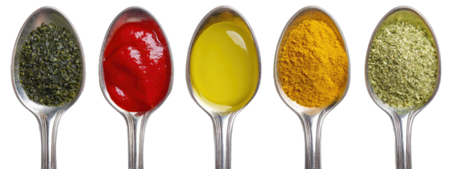 Five spoons hold colorful condiments and spices against a black background