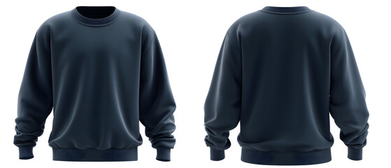 Dark blue sweatshirt mockup showing both front and back views, with realistic folds and fabric texture, isolated on white background.