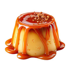 A rich, creamy dessert with smooth caramel sauce dripping down