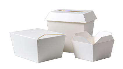 Three white paper containers, one closed, two partially open