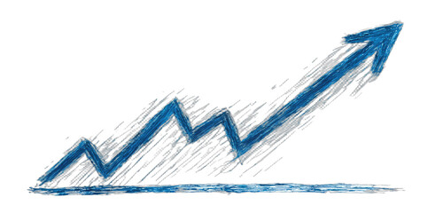 A blue zigzag line with an arrow points upward on a black background