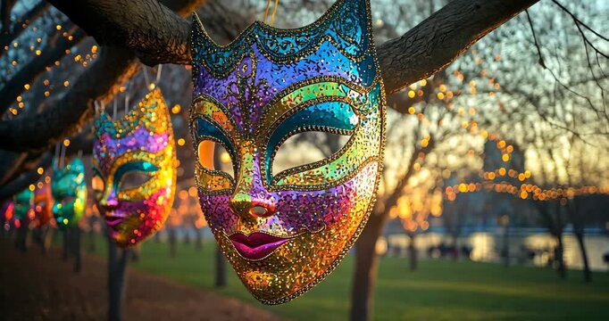 A row of vibrant Mardi Gras masks hang from trees in a park at sunset, creating a festive atmosphere.