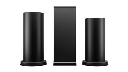 Three black cylindrical displays and a tall, narrow banner stand